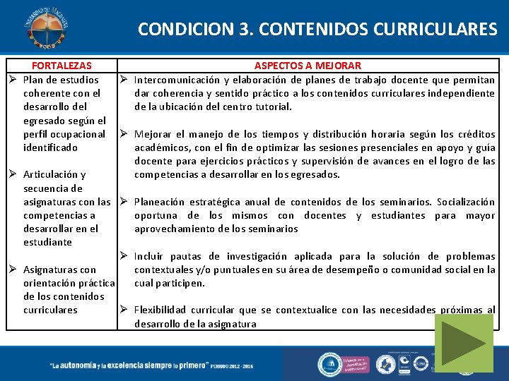 CONDICION 3. CONTENIDOS CURRICULARES FORTALEZAS ASPECTOS A MEJORAR Plan de estudios Intercomunicación y elaboración