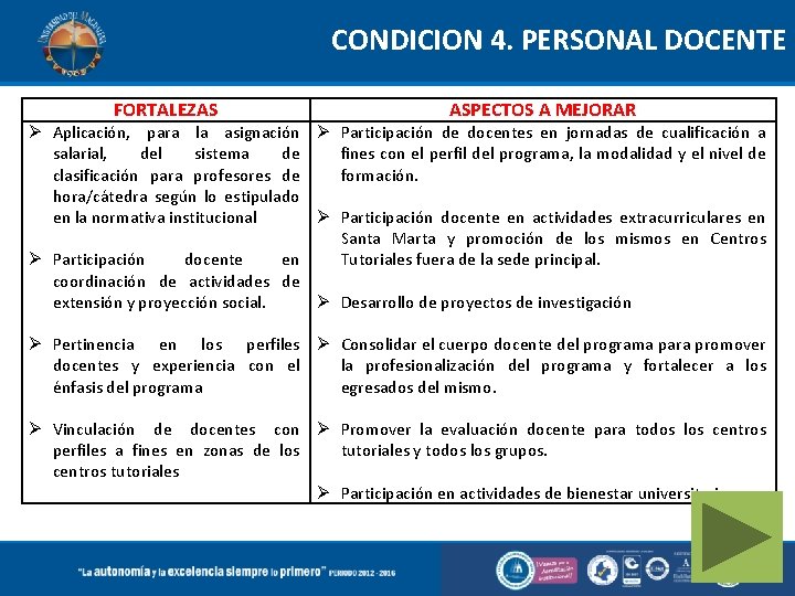  CONDICION 4. PERSONAL DOCENTE FORTALEZAS ASPECTOS A MEJORAR Aplicación, para la asignación Participación