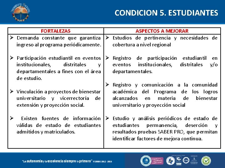 CONDICION 5. ESTUDIANTES FORTALEZAS ASPECTOS A MEJORAR Demanda constante que garantiza Estudios de pertinencia