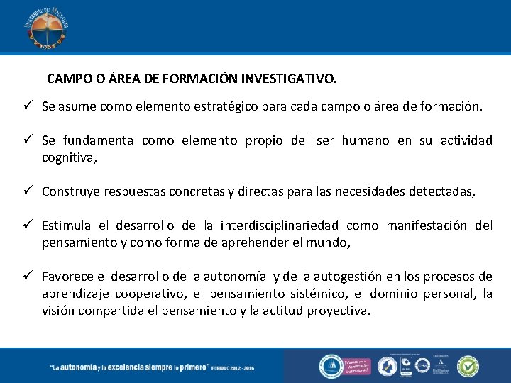 CAMPO O ÁREA DE FORMACIÓN INVESTIGATIVO. Se asume como elemento estratégico para cada campo