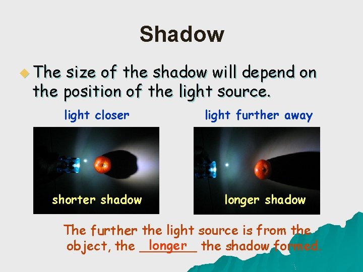 Shadow u The size of the shadow will depend on the position of the