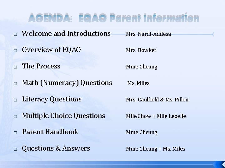 AGENDA: EQAO Parent Information Welcome and Introductions Mrs. Nardi-Addesa Overview of EQAO Mrs. Bowker AGENDA: EQAO Parent Information Welcome and Introductions Mrs. Nardi-Addesa Overview of EQAO Mrs. Bowker