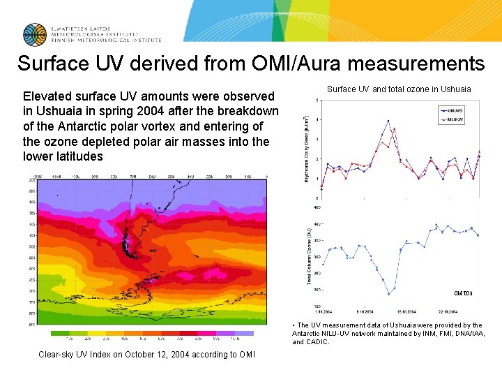 Surface UV derived from OMI/Aura measurements Elevated surface UV amounts were observed in Ushuaia