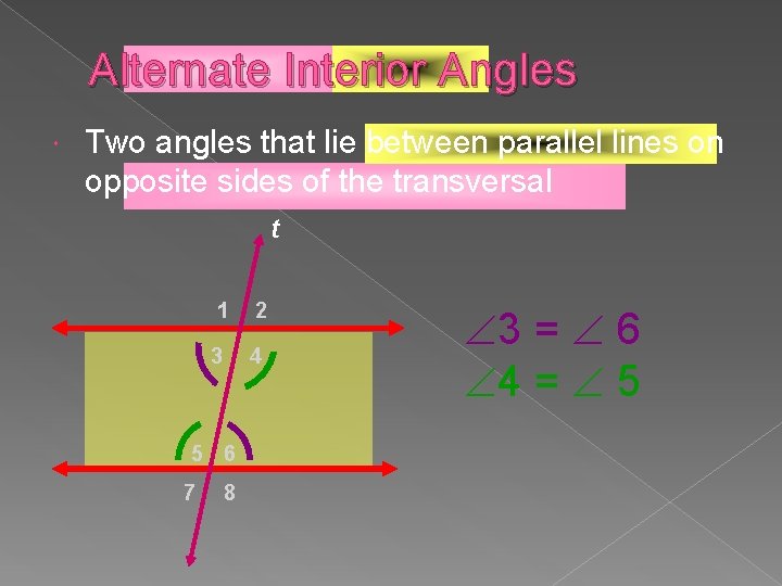 Alternate Interior Angles Two angles that lie between parallel lines on opposite sides of