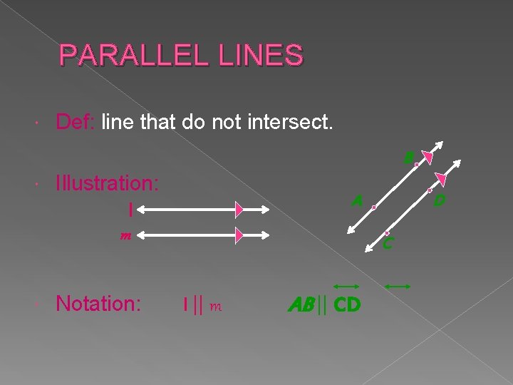 PARALLEL LINES Def: line that do not intersect. B Illustration: A l m Notation: