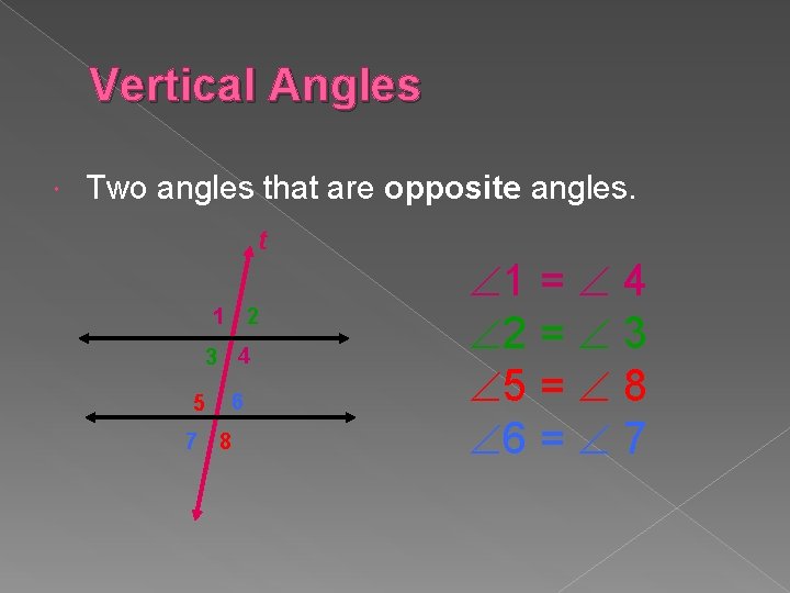 Vertical Angles Two angles that are opposite angles. t 1 2 3 4 5