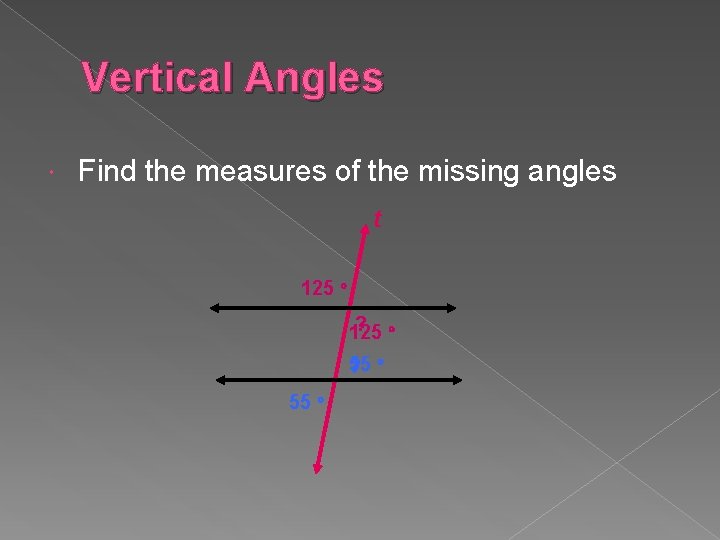 Vertical Angles Find the measures of the missing angles t 125 ? 125 55