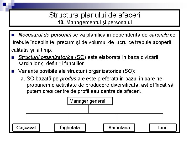 Structura planului de afaceri 10. Managementul şi personalul Necesarul de personal se va planifica Structura planului de afaceri 10. Managementul şi personalul Necesarul de personal se va planifica