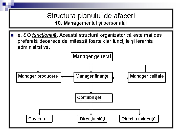 Structura planului de afaceri 10. Managementul şi personalul n e. SO funcţională. Această structură Structura planului de afaceri 10. Managementul şi personalul n e. SO funcţională. Această structură