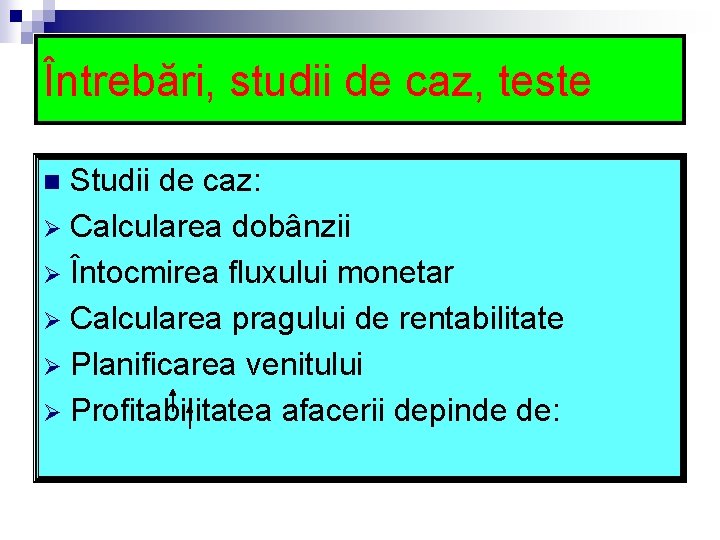 Întrebări, studii de caz, teste Studii de caz: Ø Calcularea dobânzii Ø Întocmirea fluxului Întrebări, studii de caz, teste Studii de caz: Ø Calcularea dobânzii Ø Întocmirea fluxului