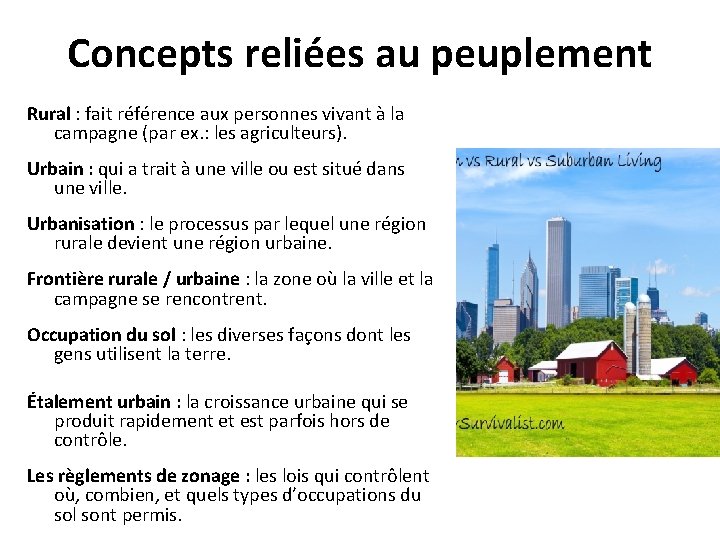 Le peuplement Concepts relies au peuplement Rural fait
