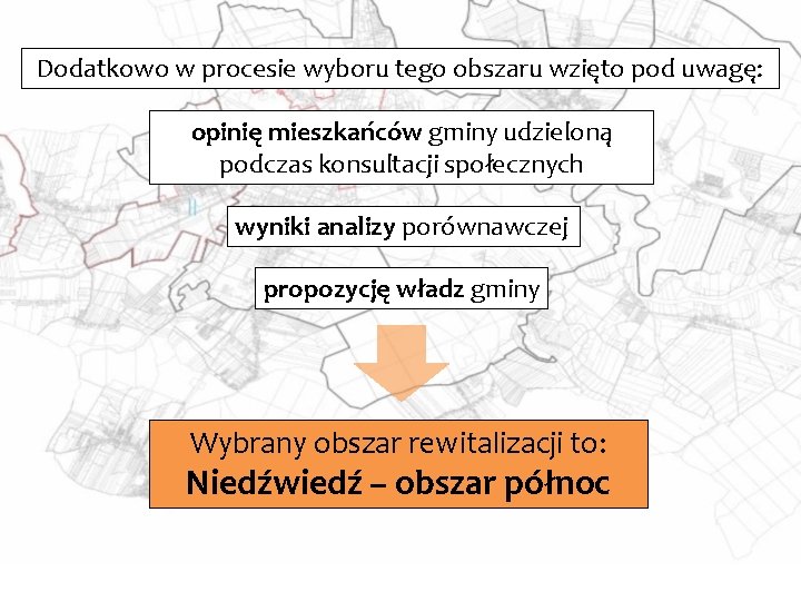 Dodatkowo w procesie wyboru tego obszaru wzięto pod uwagę: opinię mieszkańców gminy udzieloną podczas