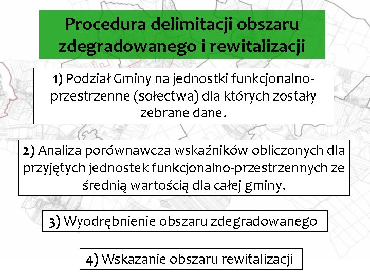 Procedura delimitacji obszaru zdegradowanego i rewitalizacji 1) Podział Gminy na jednostki funkcjonalnoprzestrzenne (sołectwa) dla