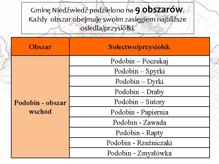 Gminę Niedźwiedź podzielono na 9 obszarów. Każdy obszar obejmuje swoim zasięgiem najbliższe osiedla/przysiółki. Obszar