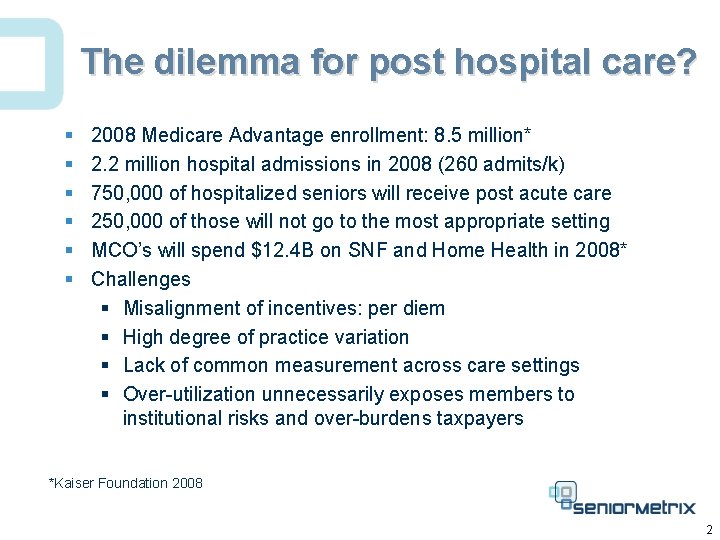 The dilemma for post hospital care? § § § 2008 Medicare Advantage enrollment: 8.