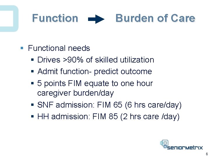 Function Burden of Care § Functional needs § Drives >90% of skilled utilization §