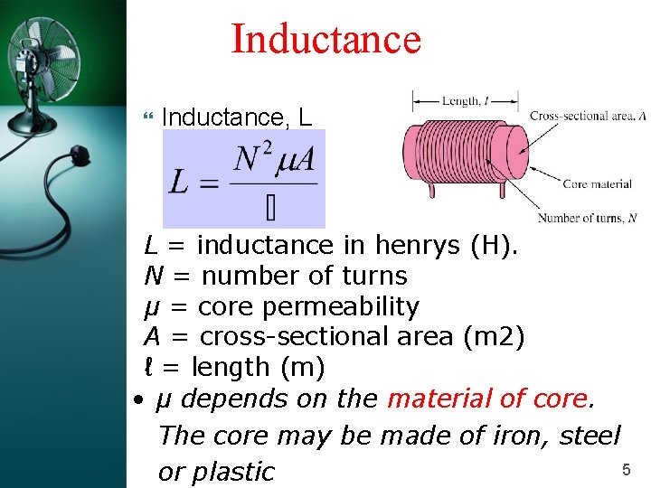 Inductance Inductance, L L = inductance in henrys (H). N = number of turns