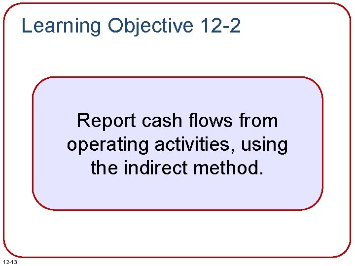 Learning Objective 12 -2 Report cash flows from operating activities, using the indirect method. Learning Objective 12 -2 Report cash flows from operating activities, using the indirect method.