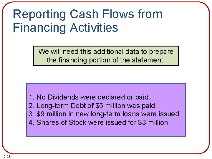 Reporting Cash Flows from Financing Activities We will need this additional data to prepare Reporting Cash Flows from Financing Activities We will need this additional data to prepare