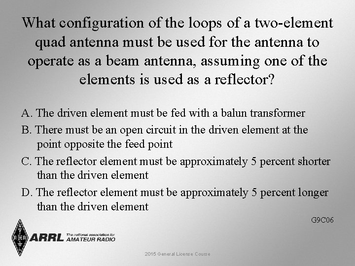 What configuration of the loops of a two-element quad antenna must be used for