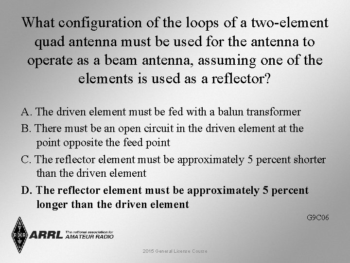 What configuration of the loops of a two-element quad antenna must be used for