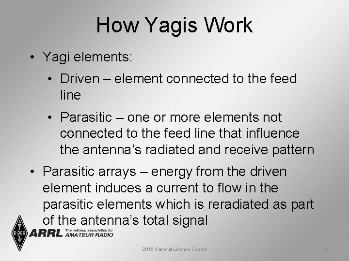 How Yagis Work • Yagi elements: • Driven – element connected to the feed