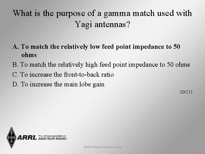 What is the purpose of a gamma match used with Yagi antennas? A. To