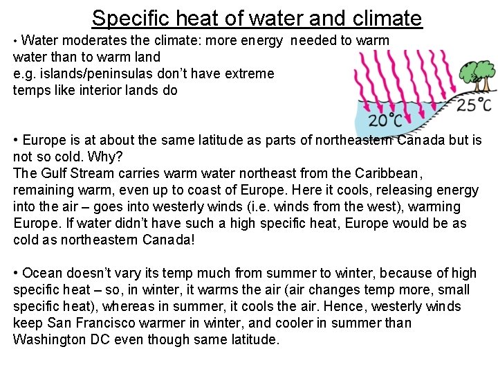 Specific heat of water and climate • Water moderates the climate: more energy needed