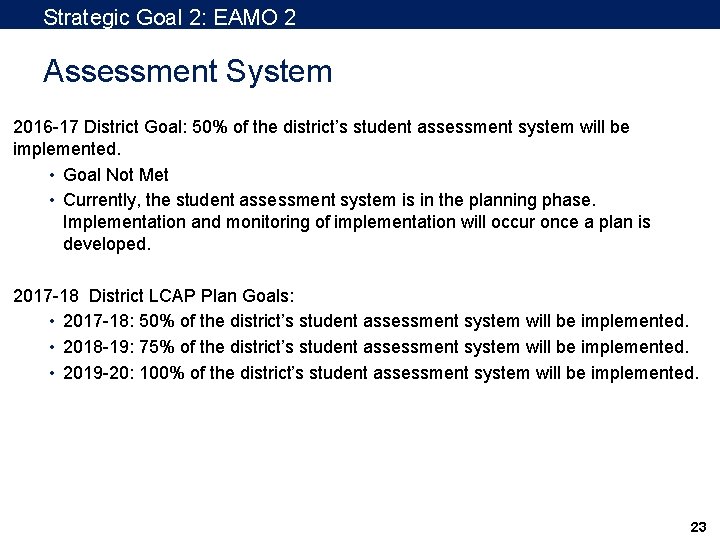 Strategic Goal 2: EAMO 2 Assessment System 2016 -17 District Goal: 50% of the