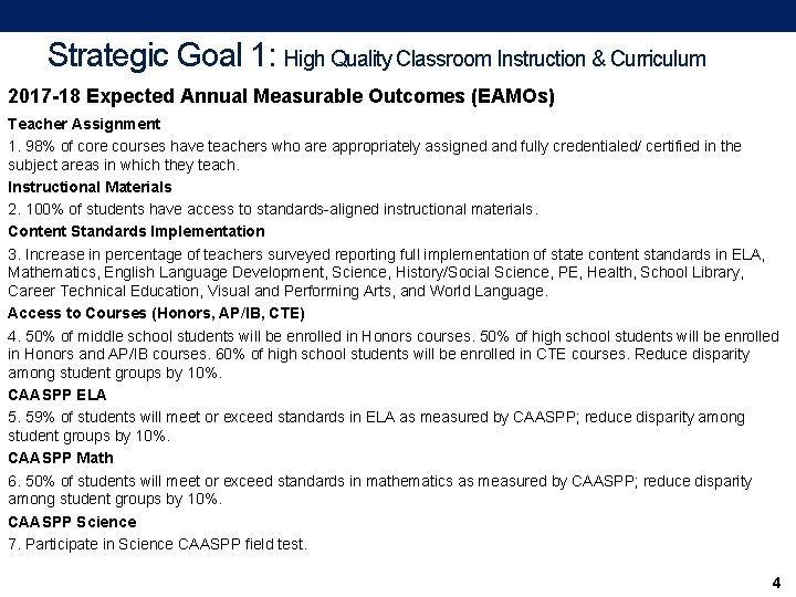 Strategic Goal 1: High Quality Classroom Instruction & Curriculum 2017 -18 Expected Annual Measurable