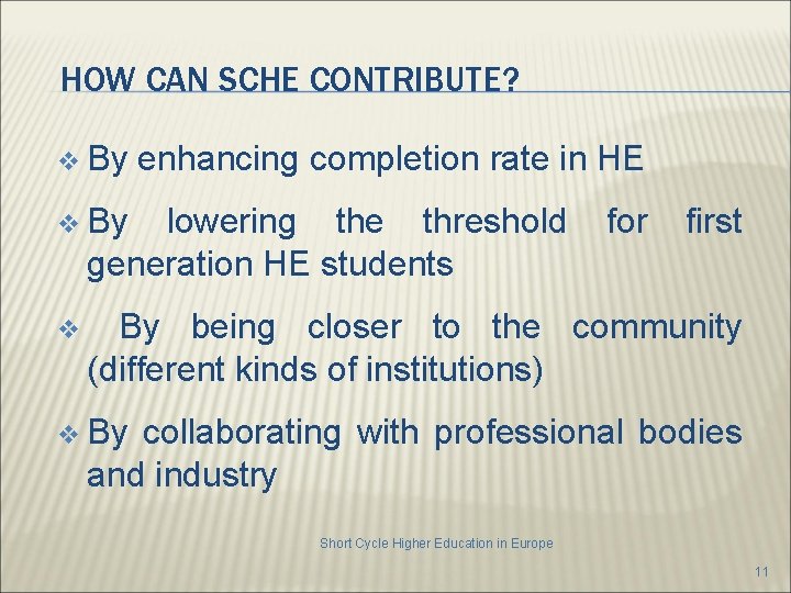 HOW CAN SCHE CONTRIBUTE? v By enhancing completion rate in HE v By for