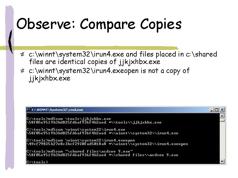 Observe: Compare Copies c: winntsystem 32irun 4. exe and files placed in c: shared Observe: Compare Copies c: winntsystem 32irun 4. exe and files placed in c: shared