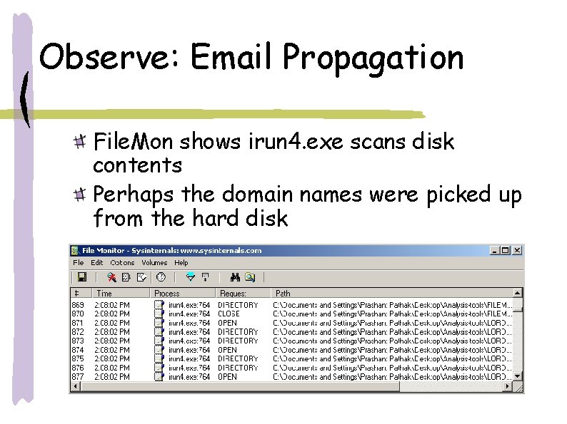 Observe: Email Propagation File. Mon shows irun 4. exe scans disk contents Perhaps the Observe: Email Propagation File. Mon shows irun 4. exe scans disk contents Perhaps the