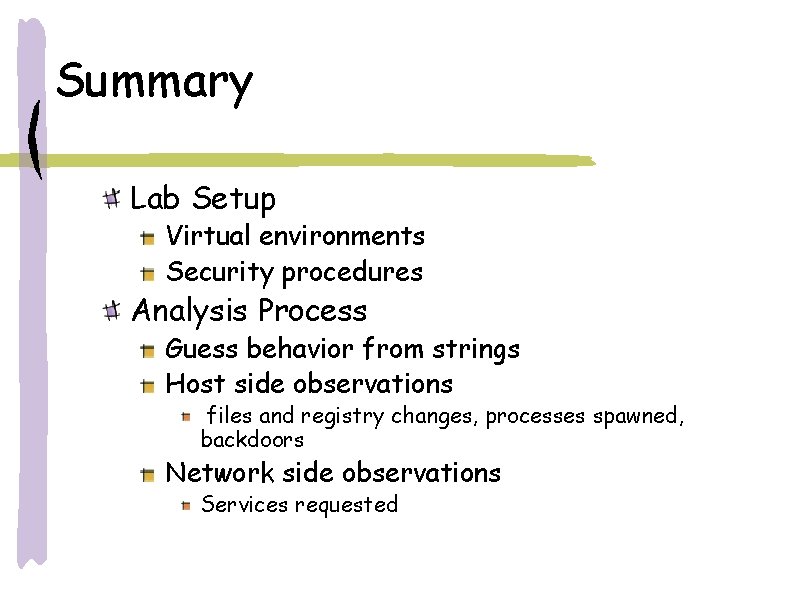 Summary Lab Setup Virtual environments Security procedures Analysis Process Guess behavior from strings Host Summary Lab Setup Virtual environments Security procedures Analysis Process Guess behavior from strings Host