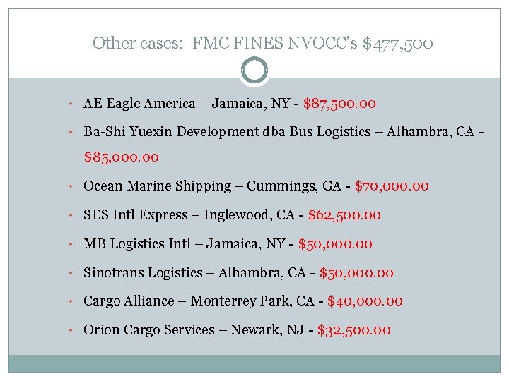 Other cases: FMC FINES NVOCC’s $477, 500 • AE Eagle America – Jamaica, NY