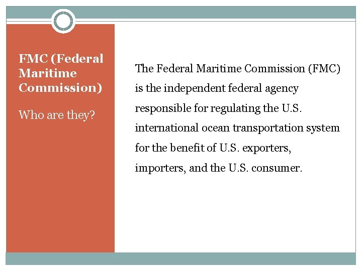 FMC (Federal Maritime Commission) Who are they? The Federal Maritime Commission (FMC) is the