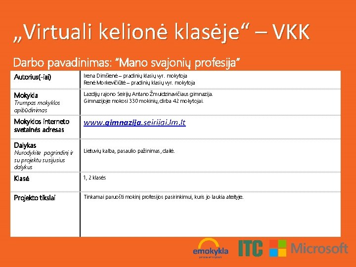 „Virtuali kelionė klasėje“ – VKK Darbo pavadinimas: “Mano svajonių profesija” Autorius(-iai) Irena Dimšienė –