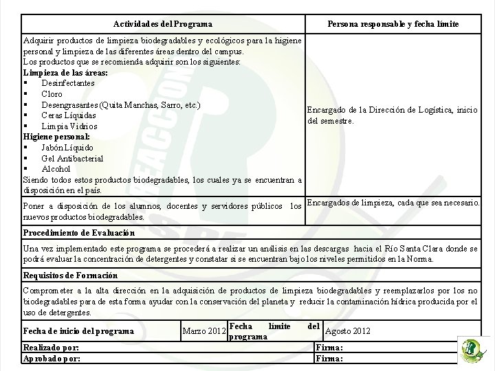 Actividades del Programa Persona responsable y fecha límite Adquirir productos de limpieza biodegradables y