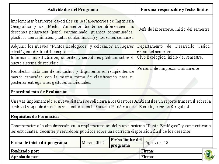 Actividades del Programa Persona responsable y fecha límite Implementar basureros especiales en los laboratorios