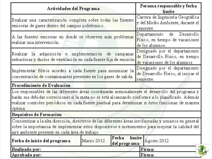 Persona responsable y fecha límite Carrera de Ingeniería Geográfica Realizar una caracterización completa sobre