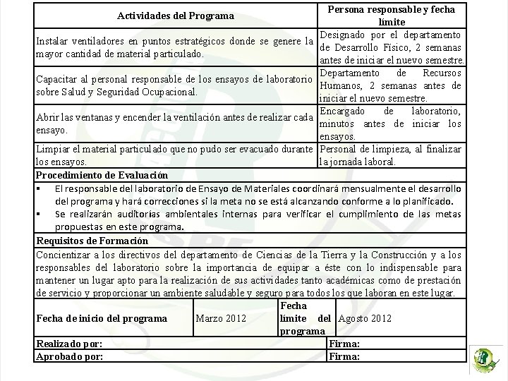 Actividades del Programa Instalar ventiladores en puntos estratégicos donde se genere la mayor cantidad