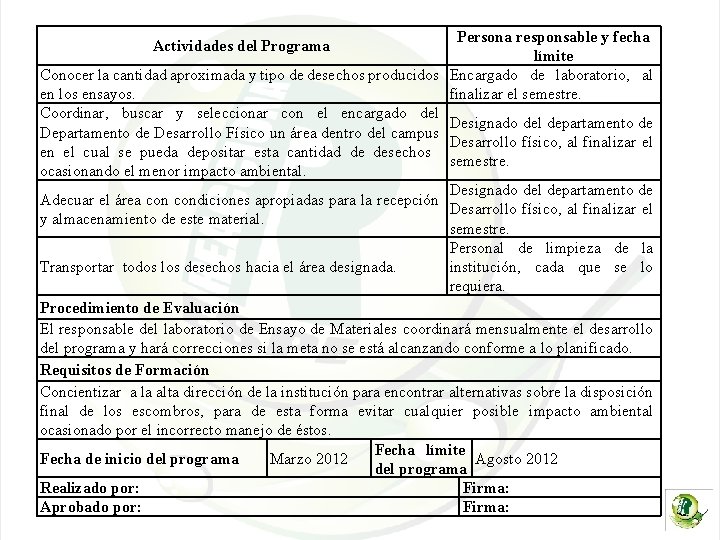 Persona responsable y fecha límite Conocer la cantidad aproximada y tipo de desechos producidos