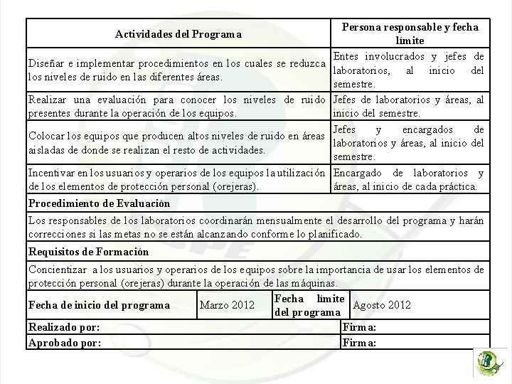 Actividades del Programa Diseñar e implementar procedimientos en los cuales se reduzca los niveles