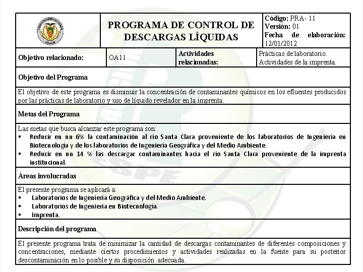 PROGRAMA DE CONTROL DE DESCARGAS LÍQUIDAS Objetivo relacionado: OA 11 Actividades relacionadas: Código: PRA-