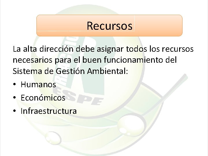 Recursos La alta dirección debe asignar todos los recursos necesarios para el buen funcionamiento