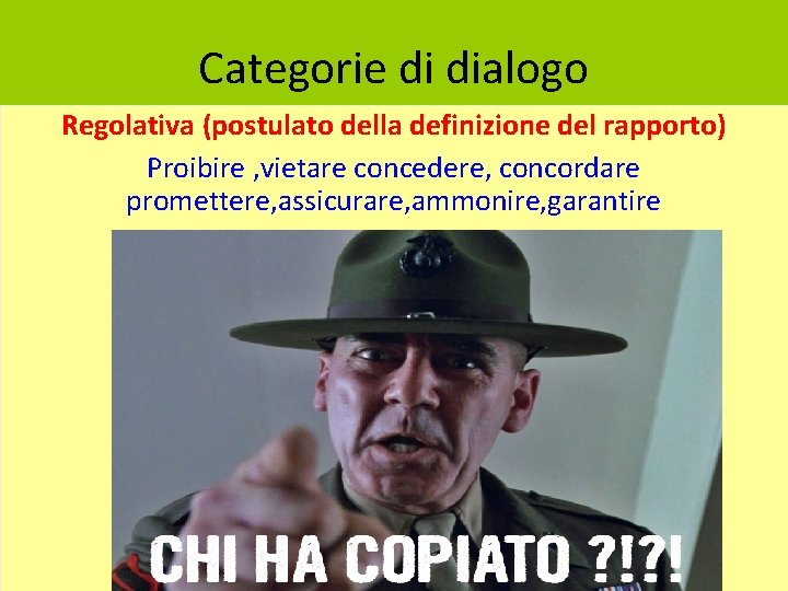 Categorie di dialogo Regolativa (postulato della definizione del rapporto) Proibire , vietare concedere, concordare