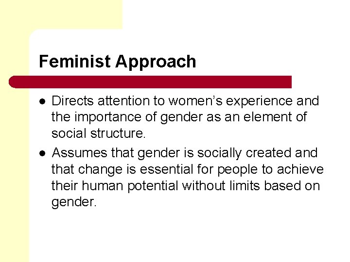 Feminist Approach l l Directs attention to women’s experience and the importance of gender
