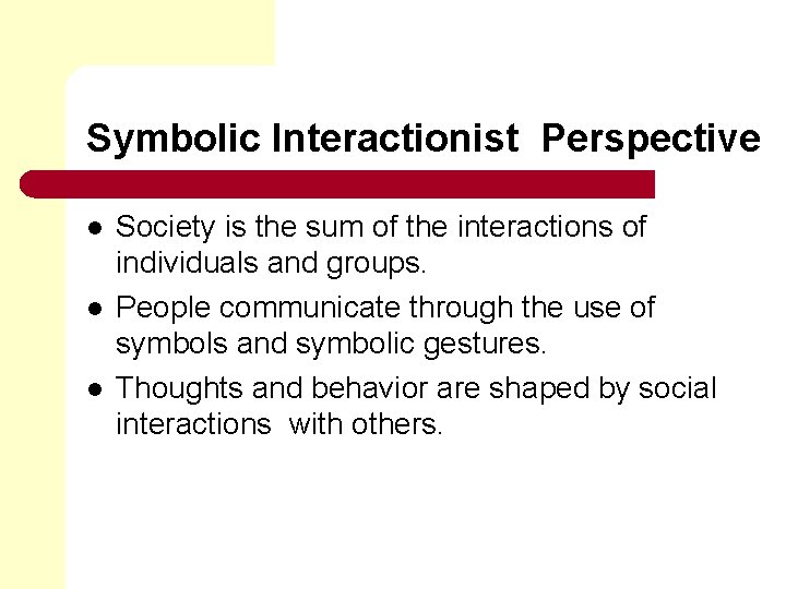 Symbolic Interactionist Perspective l l l Society is the sum of the interactions of