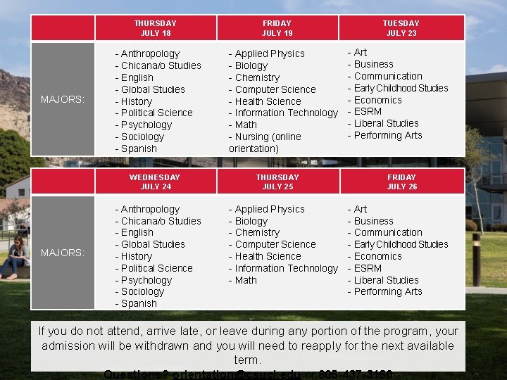THURSDAY JULY 18 MAJORS: - Anthropology - Chicana/o Studies - English - Global Studies