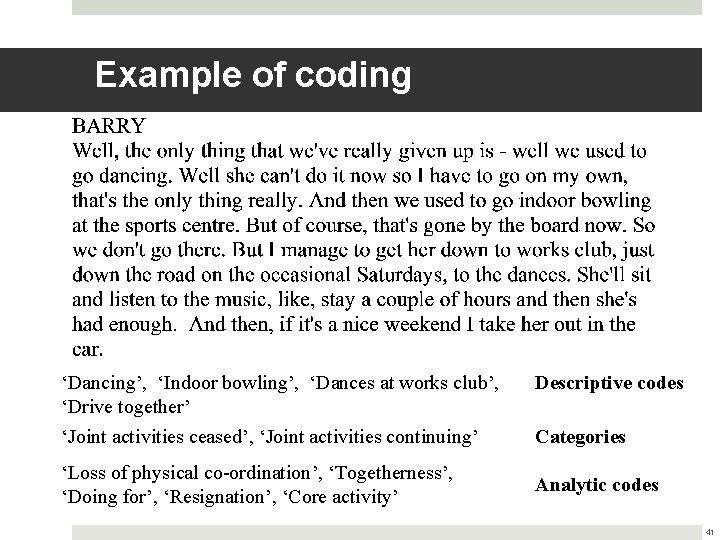 Example of coding ‘Dancing’, ‘Indoor bowling’, ‘Dances at works club’, ‘Drive together’ ‘Joint activities